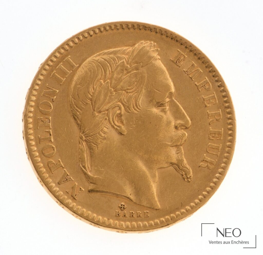 Portrait lauré de Napoléon III sur une pièce en or de 20 francs