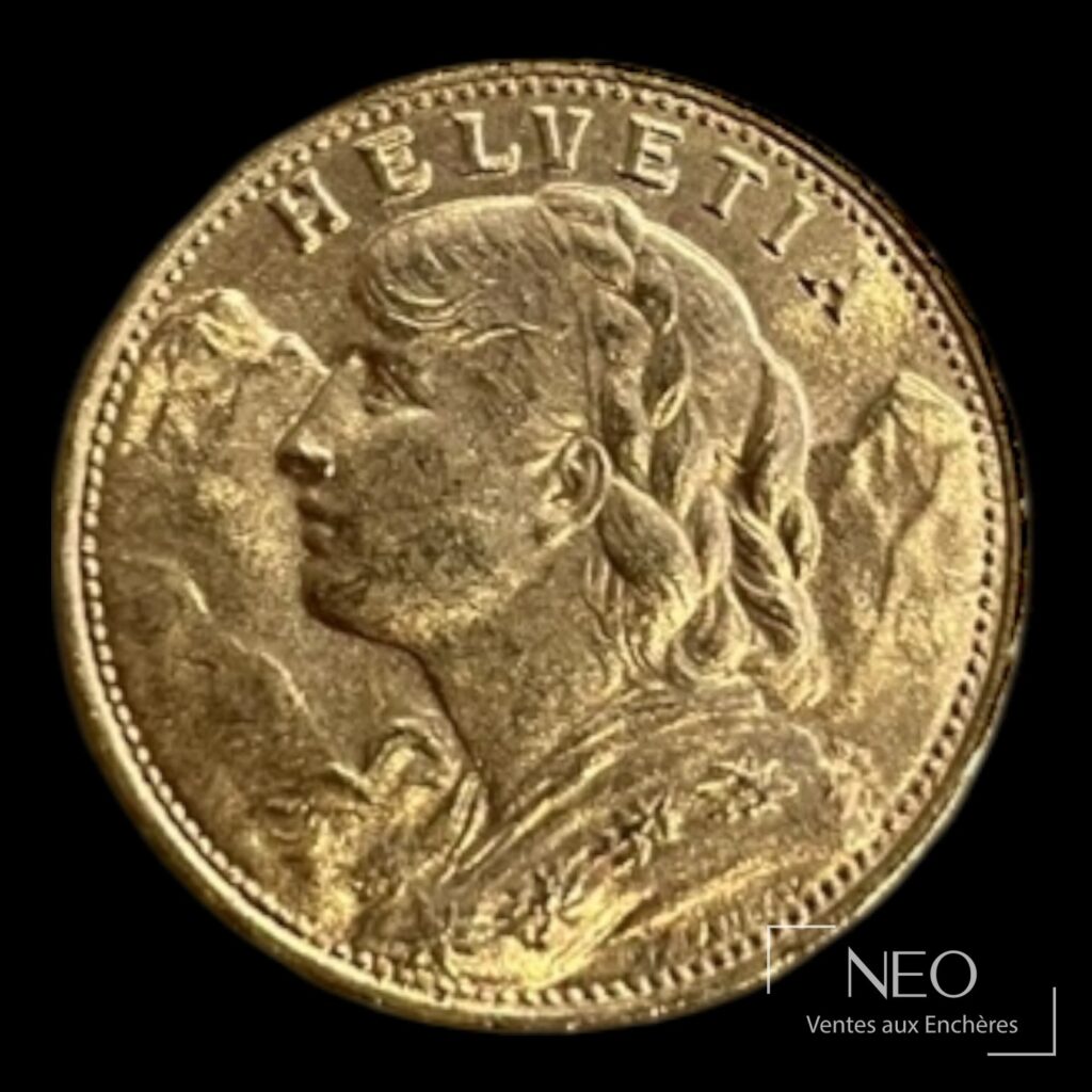 Avers d’une pièce suisse de 20 francs or