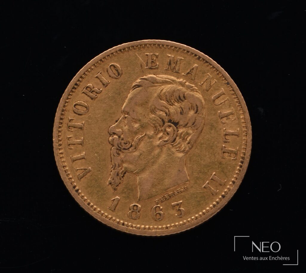 Portrait de Vittorio Emmanuele II sur une pièce d'or de 10 lires de 1863
