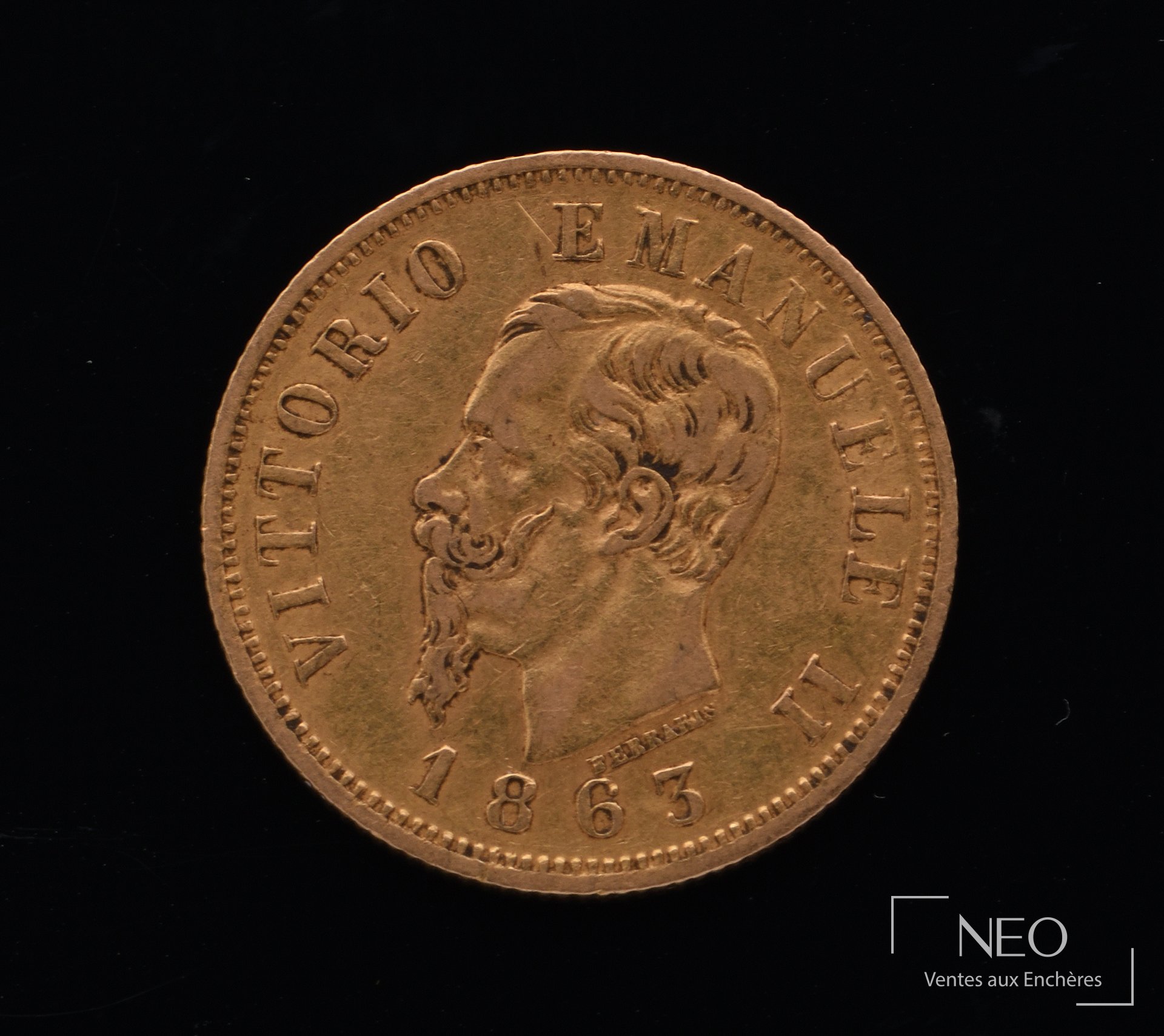 Italie, pièce en or 10 lires Vittorio Emmanuele II, 1863