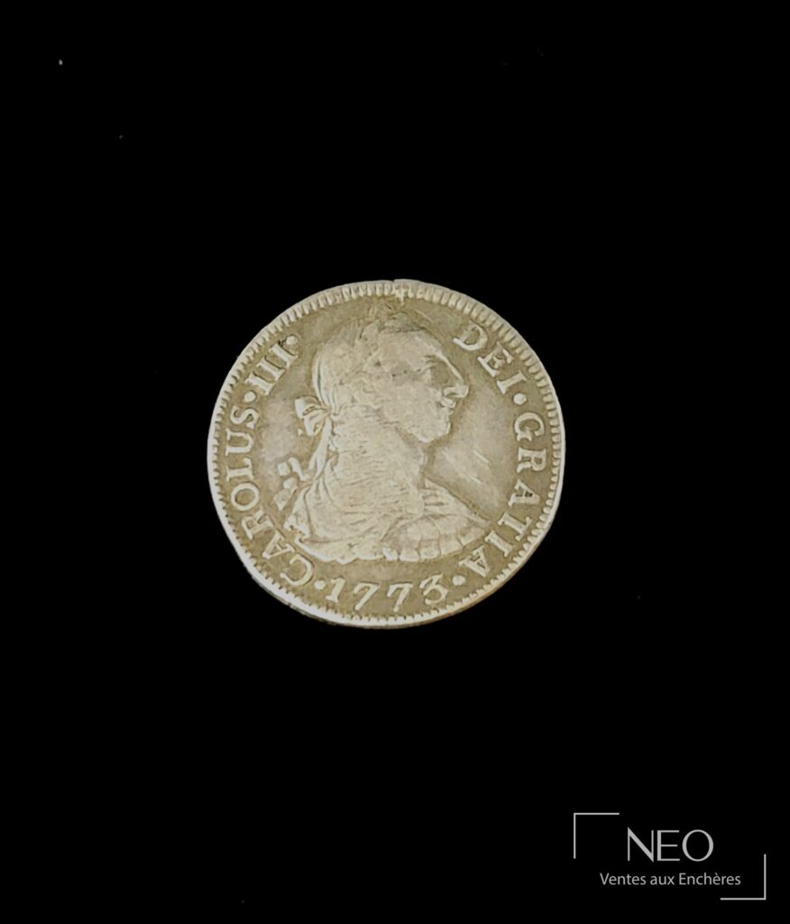 Pièce mexicaine en argent montrant le portrait de Carolus III avec la date 1773