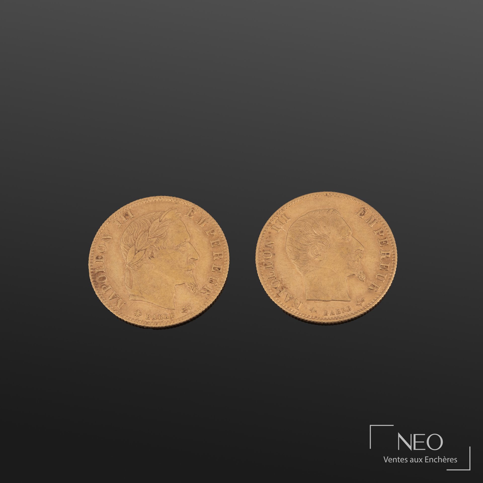 Deux pièces de 5 francs or Napoléon III, 1867 et 1860