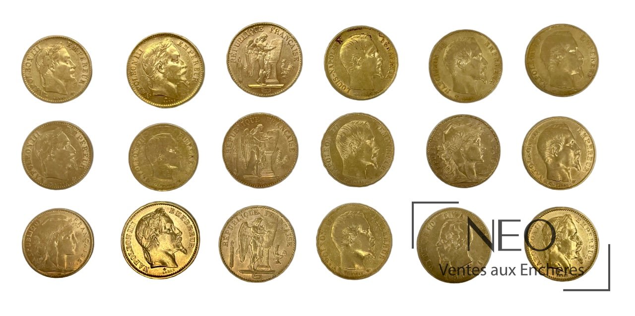 Ensemble de dix-huit pièces d’or françaises Napoléon III, Marianne, Génie et Victor-Emmanuel II