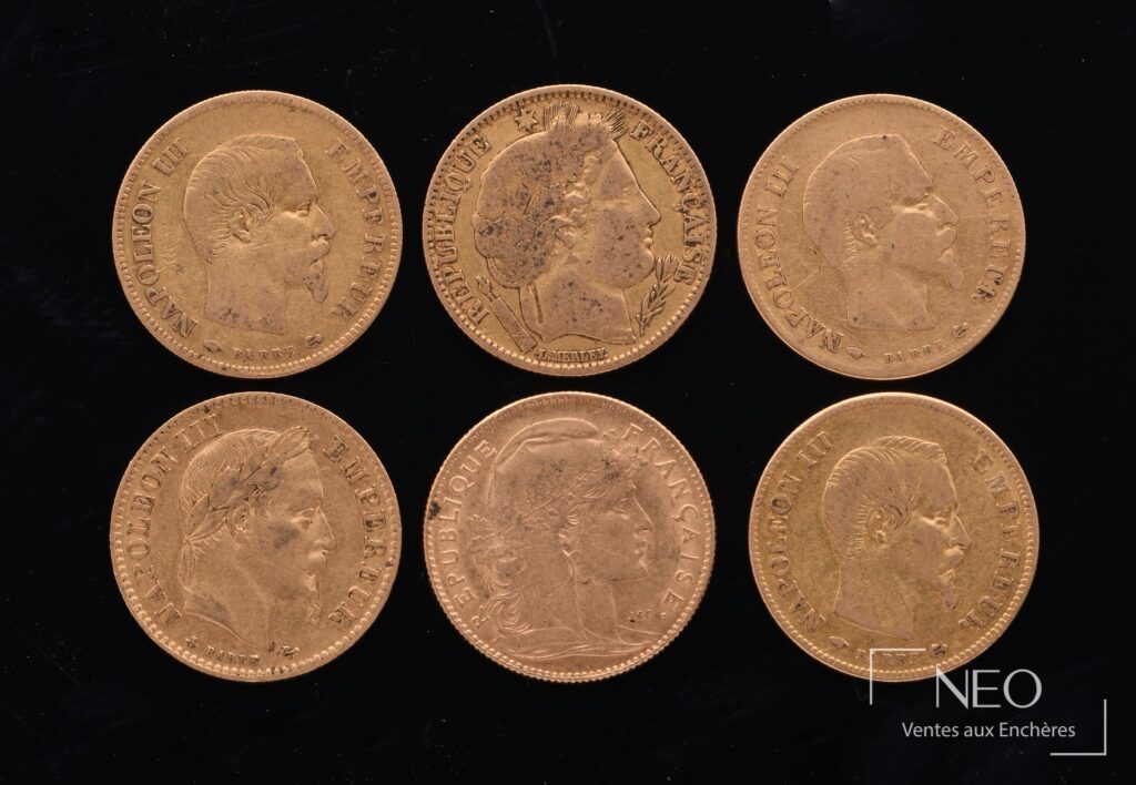 Six pièces de 10 francs or avec portraits de Napoléon III