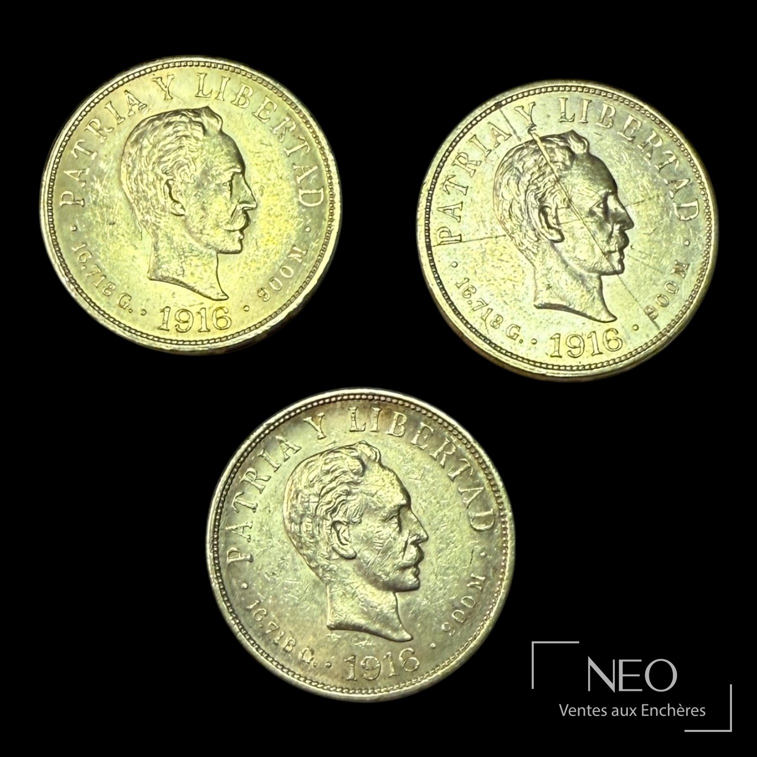 Trois pièces de 10 pesos de Cuba en or