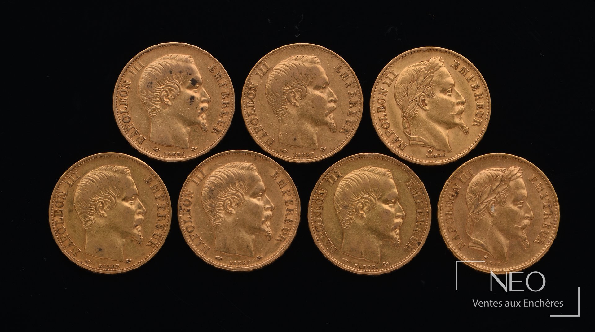 Lot de sept pièces Napoléon III 20 Francs en or