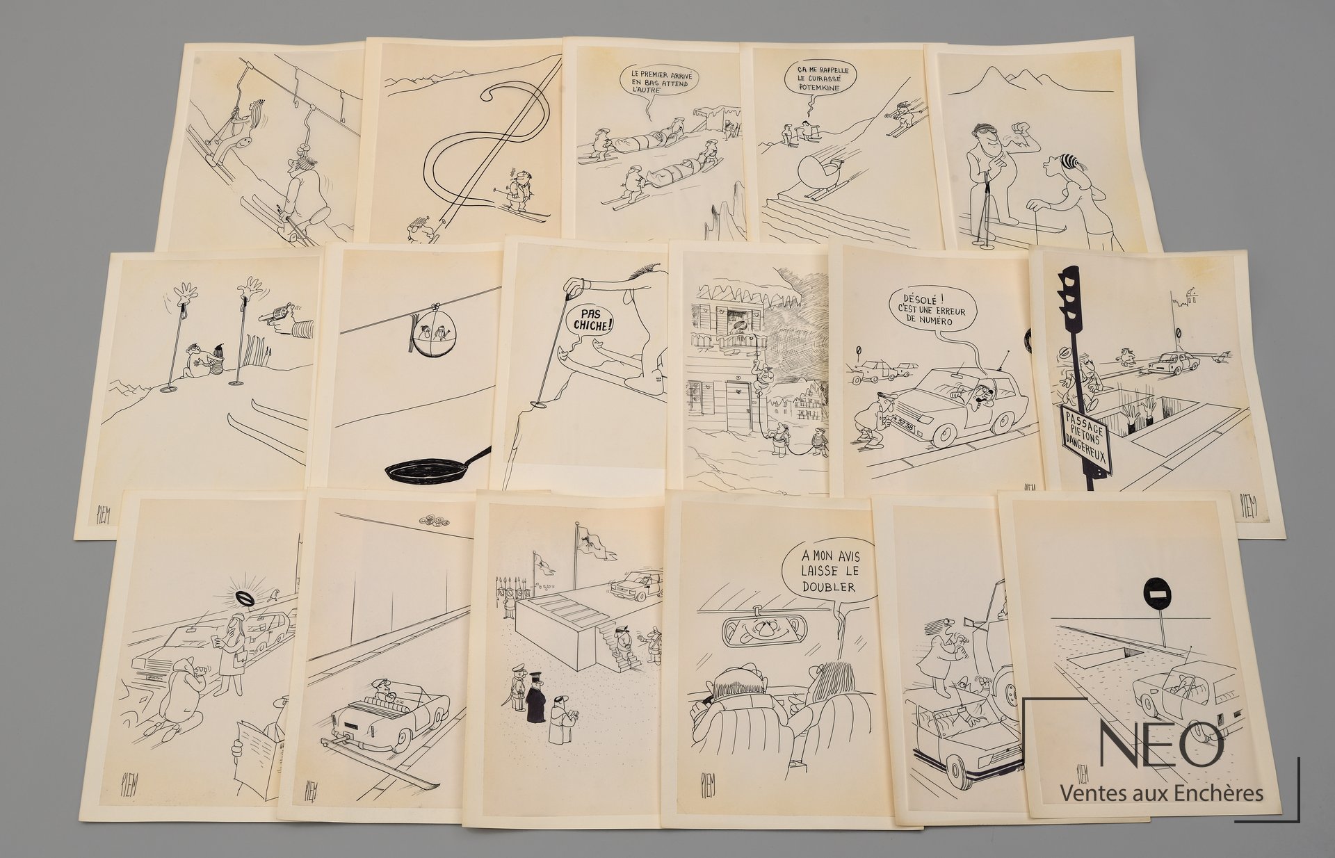 Ensemble de dessins humoristiques signés PIEM présentés à plat