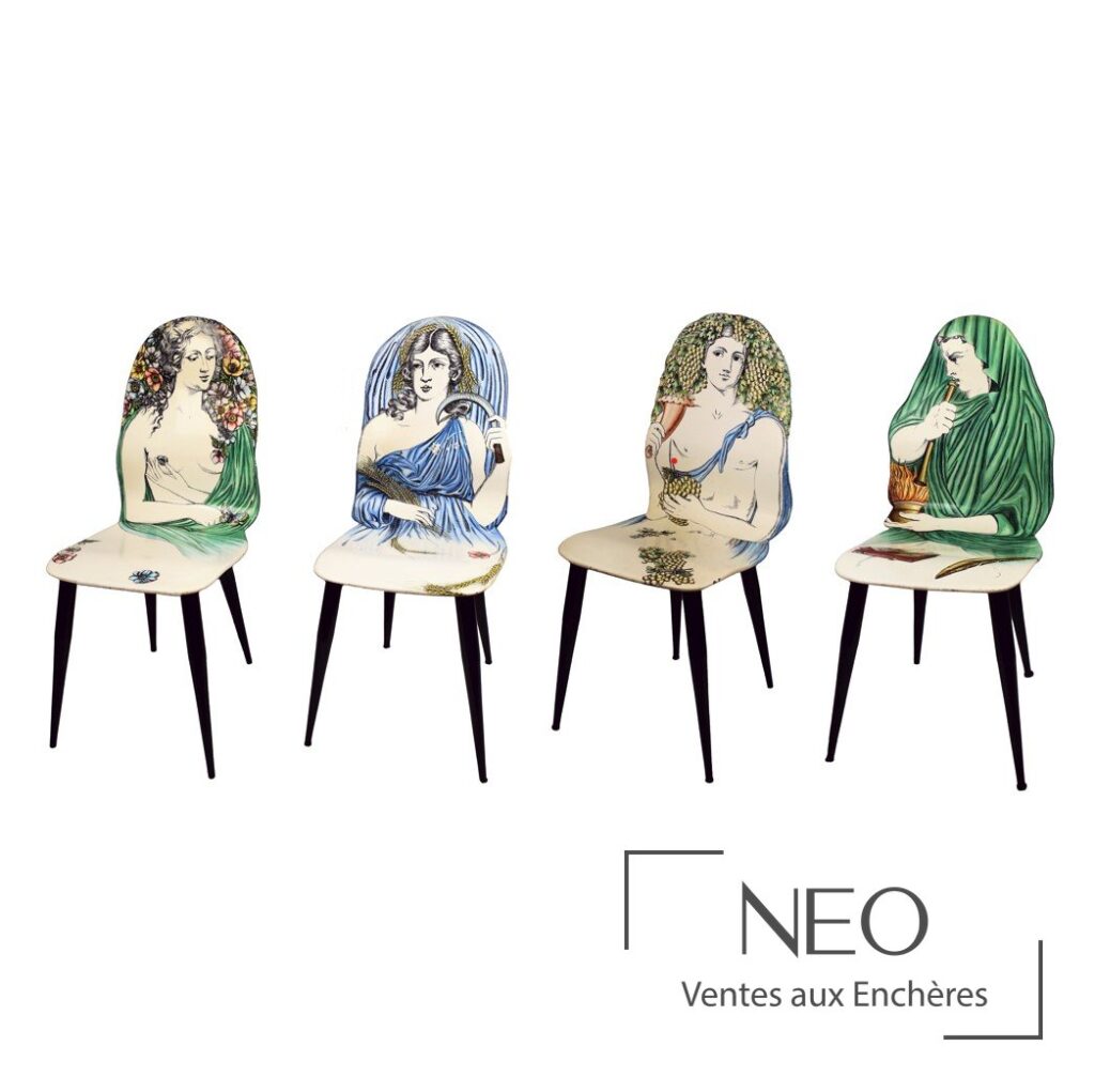Ensemble de quatre chaises Fornasetti décorées des quatre saisons