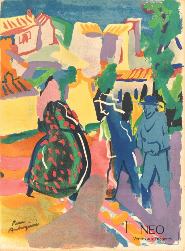 Lithographie colorée de Pierre Ambrogiani représentant une scène provençale avec figures et maisons