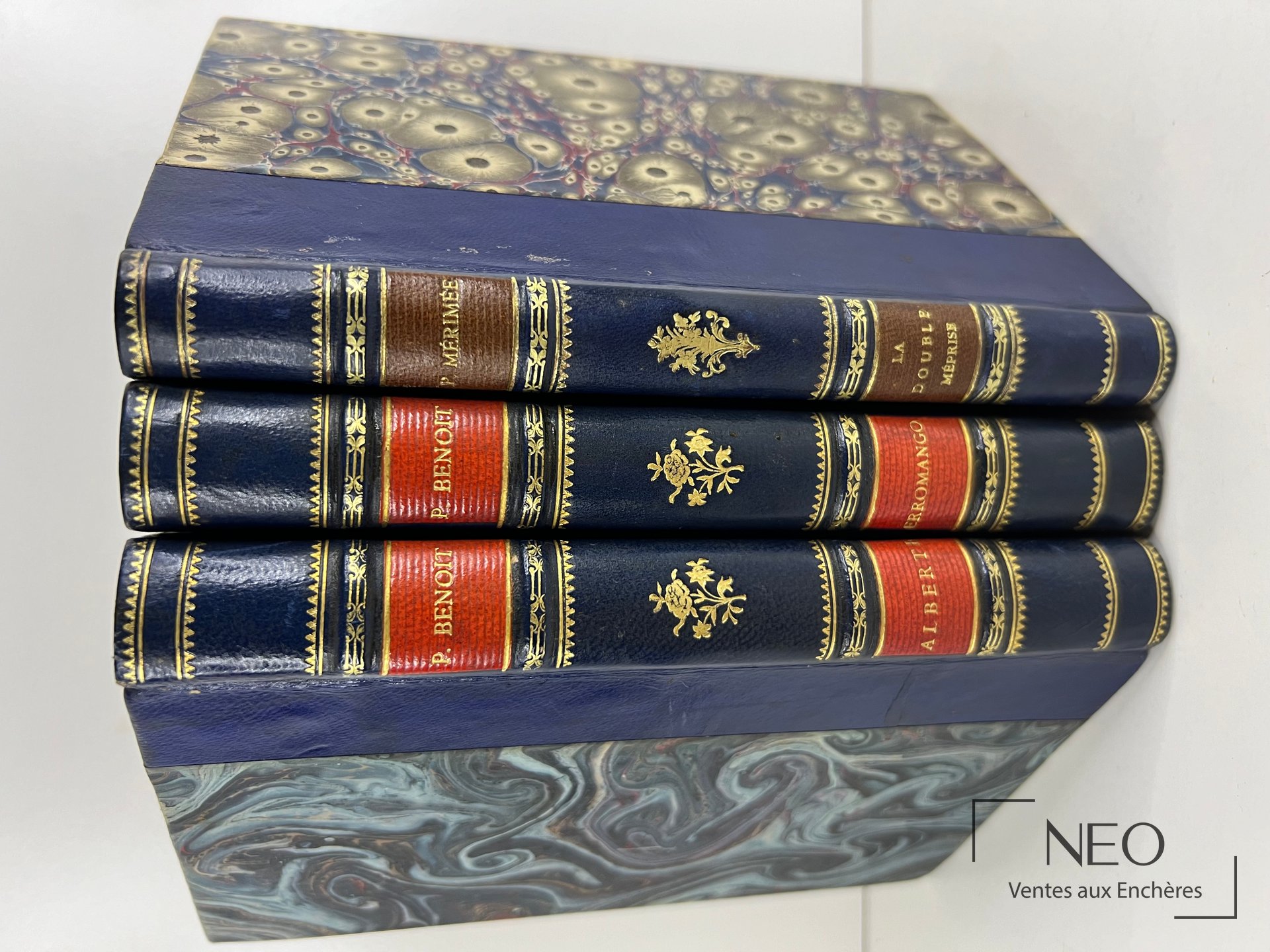 Trois volumes reliés à dos de cuir bleu et plats marbrés