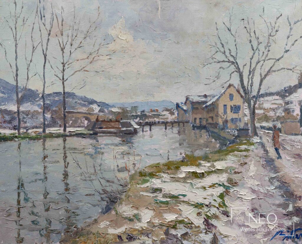 Vue de village enneigé peinte à l'huile sur toile