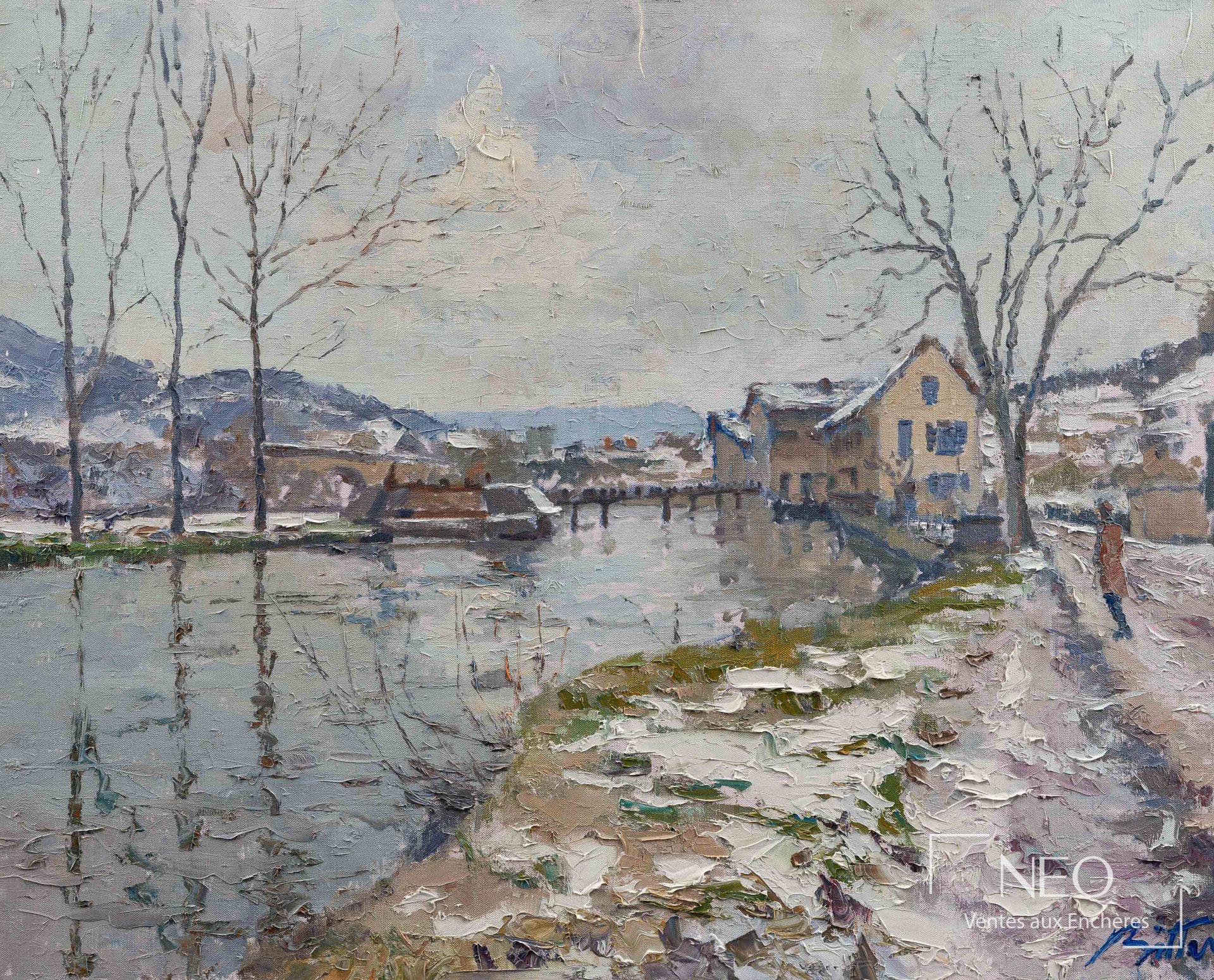 Vue de village enneigé peinte à l'huile sur toile