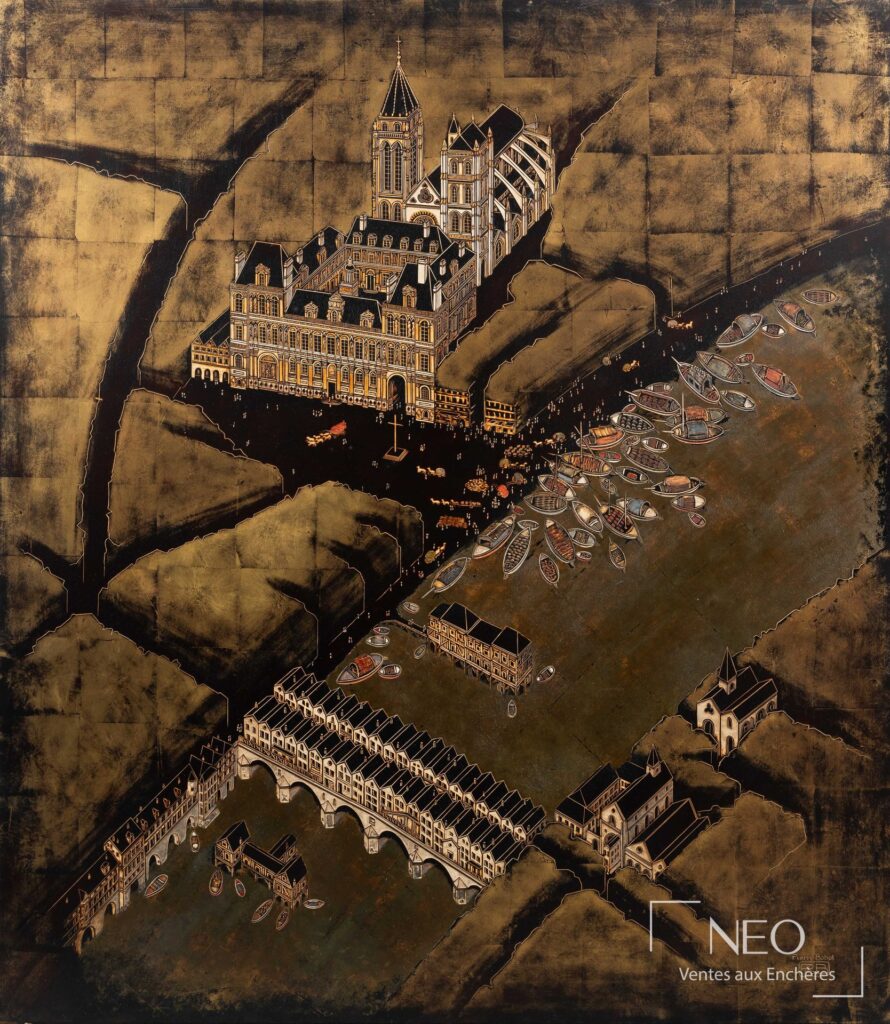 Laque de Pierre Bobot représentant un ensemble architectural sur fond doré et noir