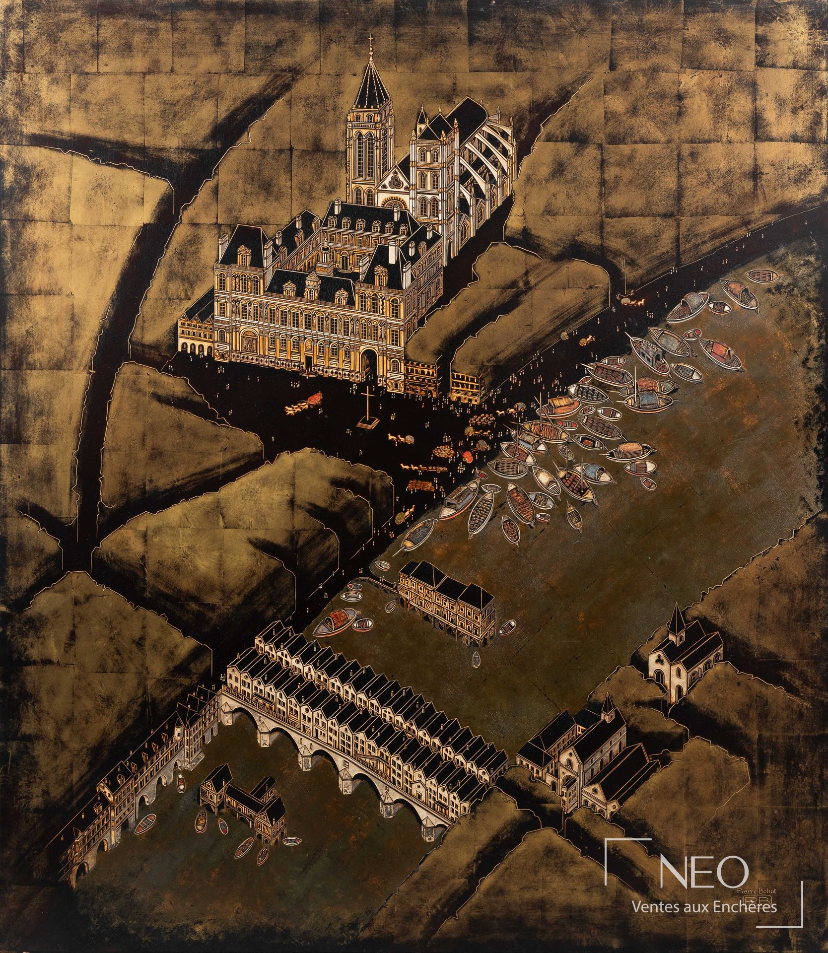 Composition de Pierre Bobot en laque sur panneau de bois