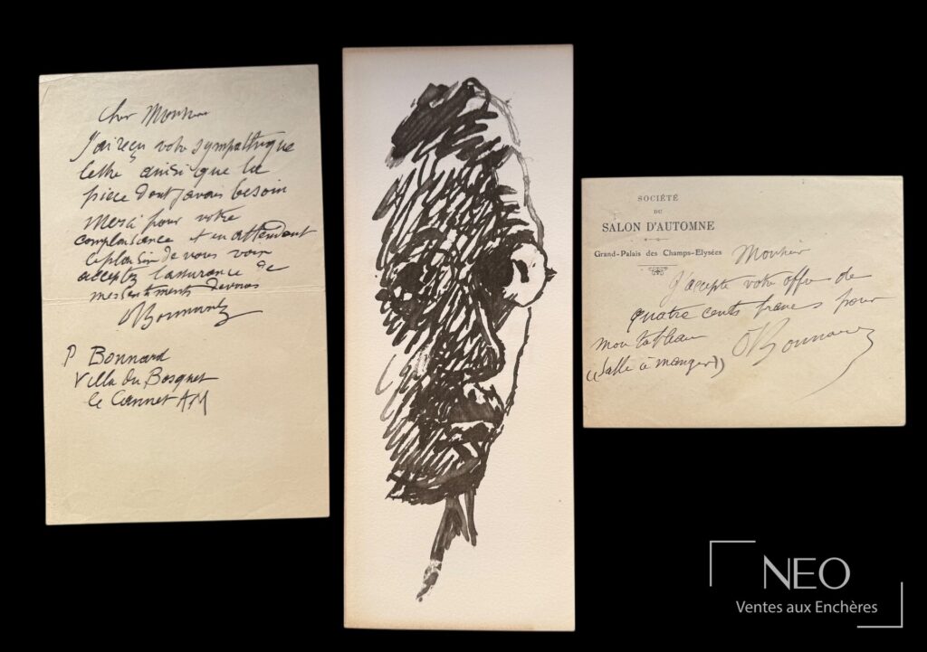 Lettre autographe signée de Pierre Bonnard et billet sur papier