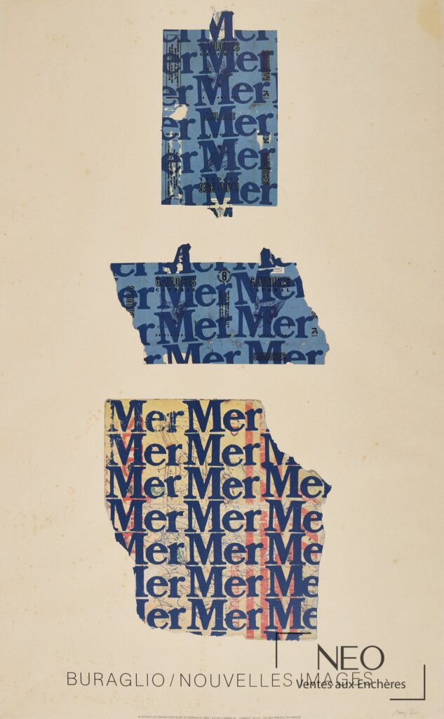 Affiche sur papier montrant trois fragments superposés en bleu et beige avec le titre Buraglio / Nouvelles images