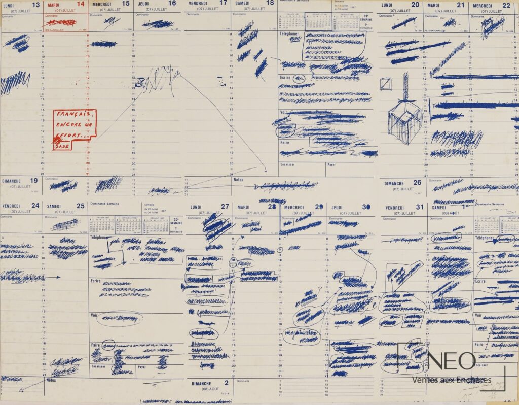 Sérigraphie d'Agendas de Pierre Buraglio avec annotations bleues et encadré rouge.