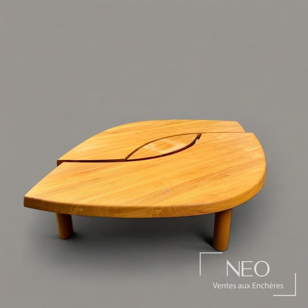 Table basse en orme massif à plateau de forme libre avec motif d'œil central