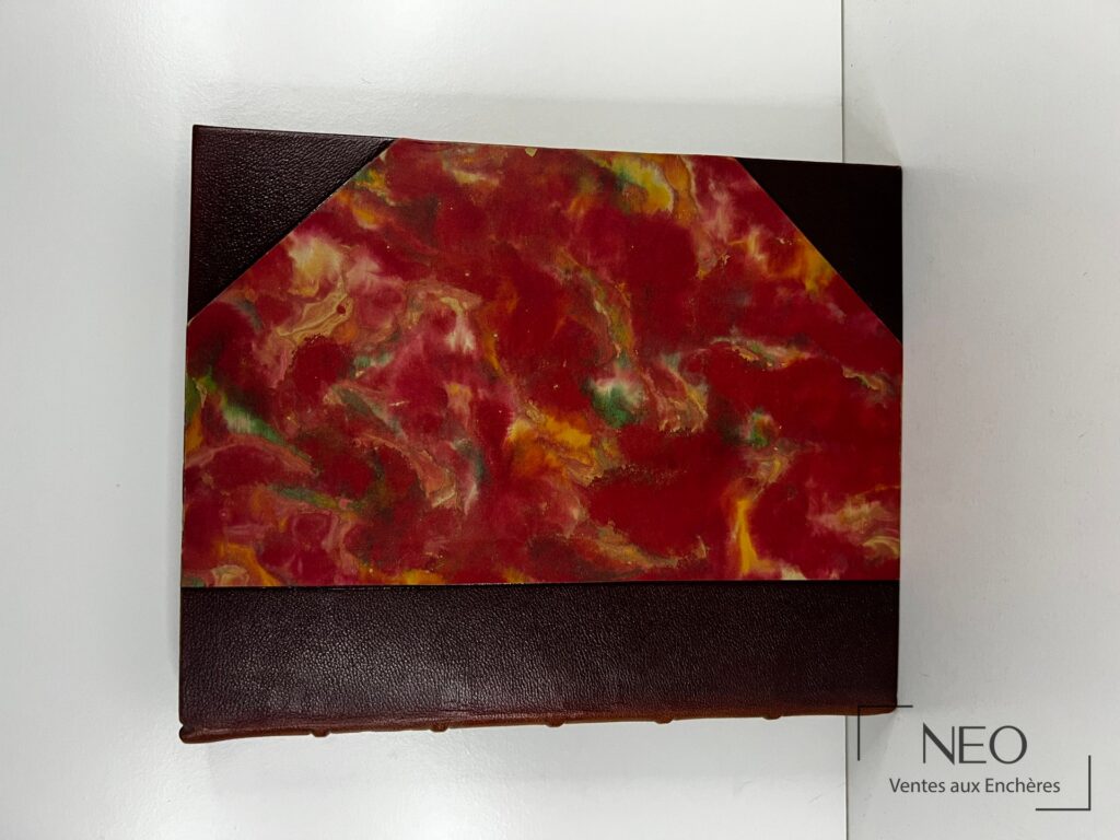 Couverture de l'ouvrage avec décor marbré rouge et reliure sombre.