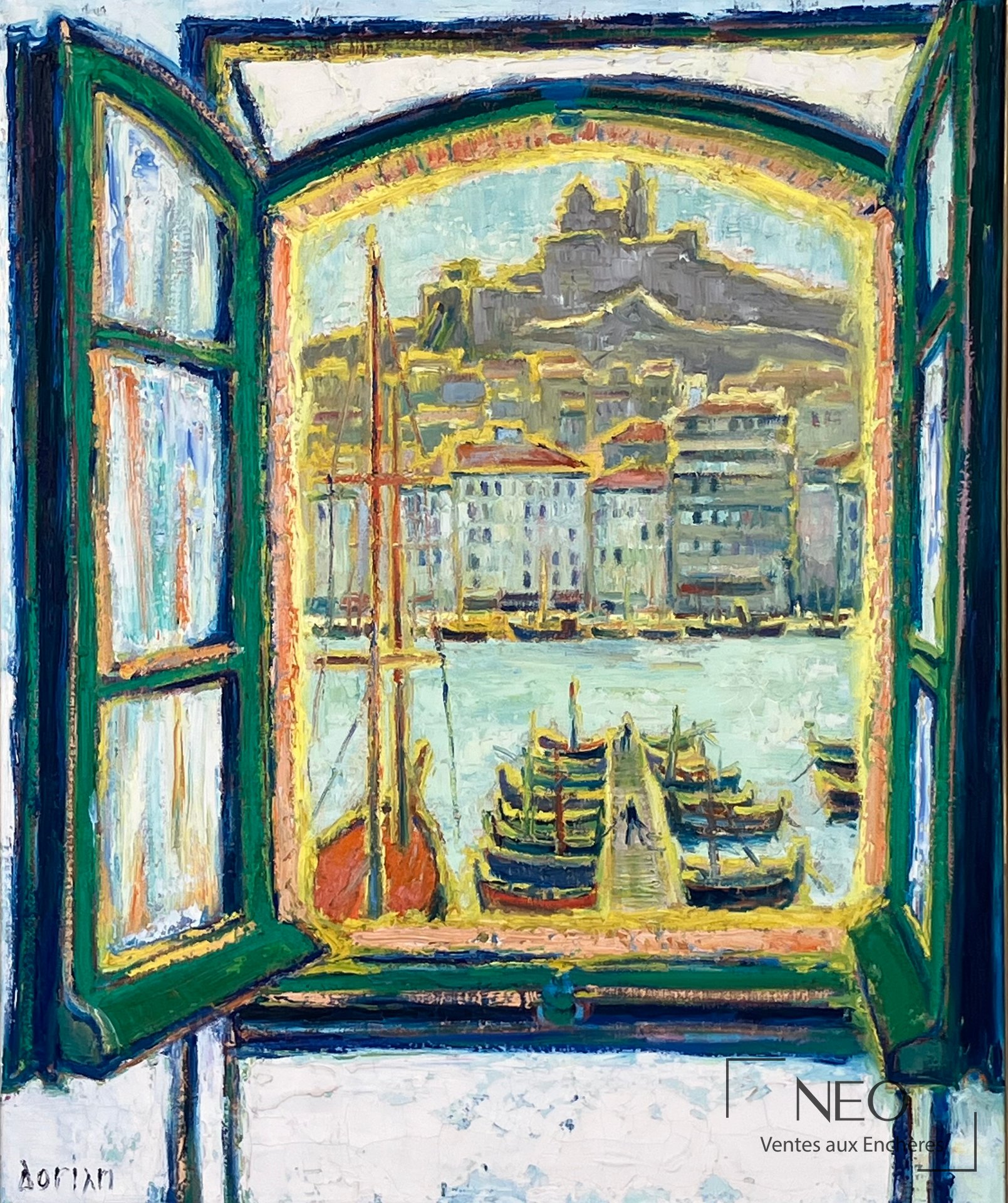 Peinture de Pierre Dorian montrant un port de Marseille vu à travers une fenêtre ouverte