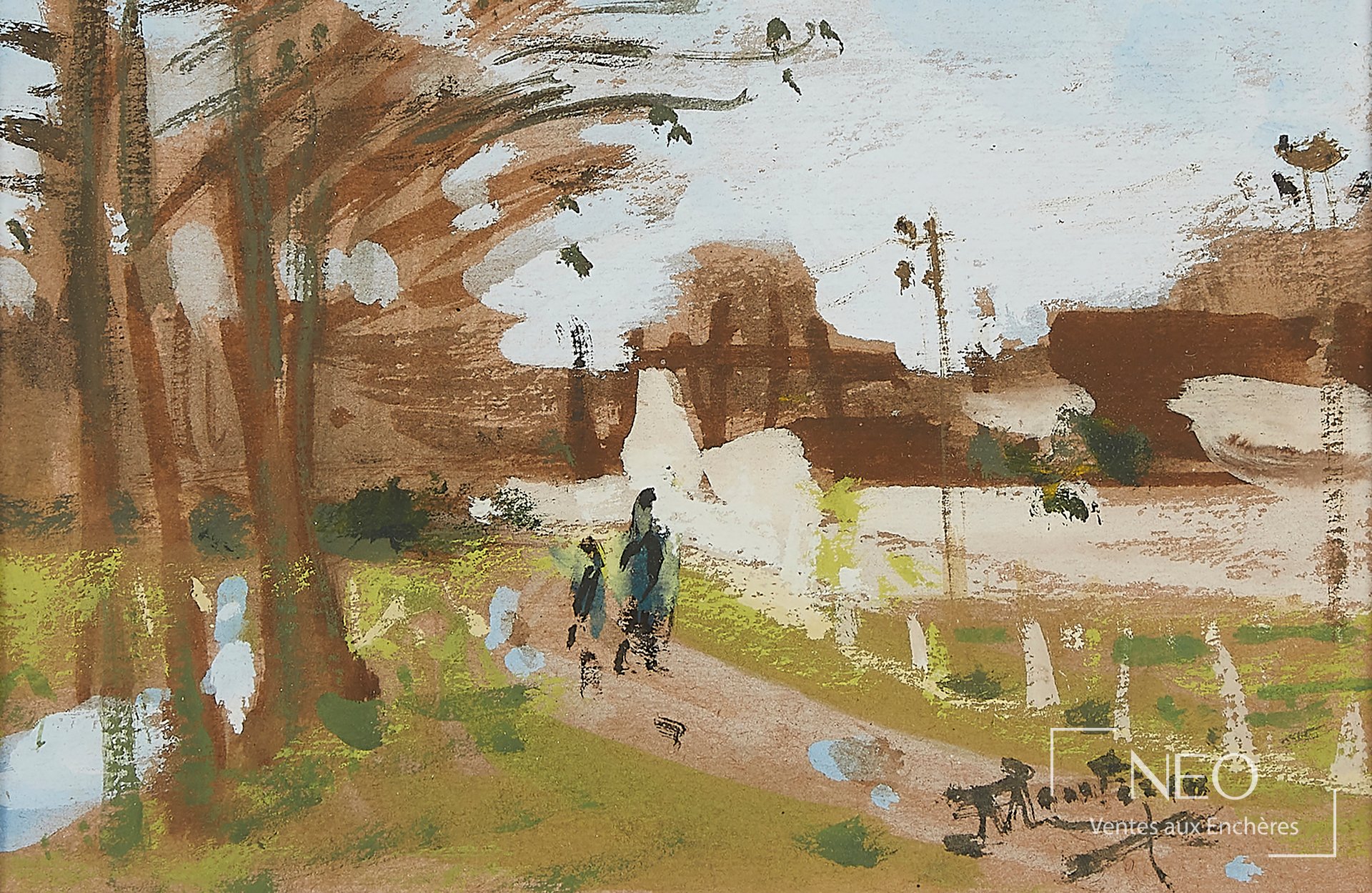 Pierre Eugène Montezin, Promenade dans un parc en bord de rivière, gouache sur papier