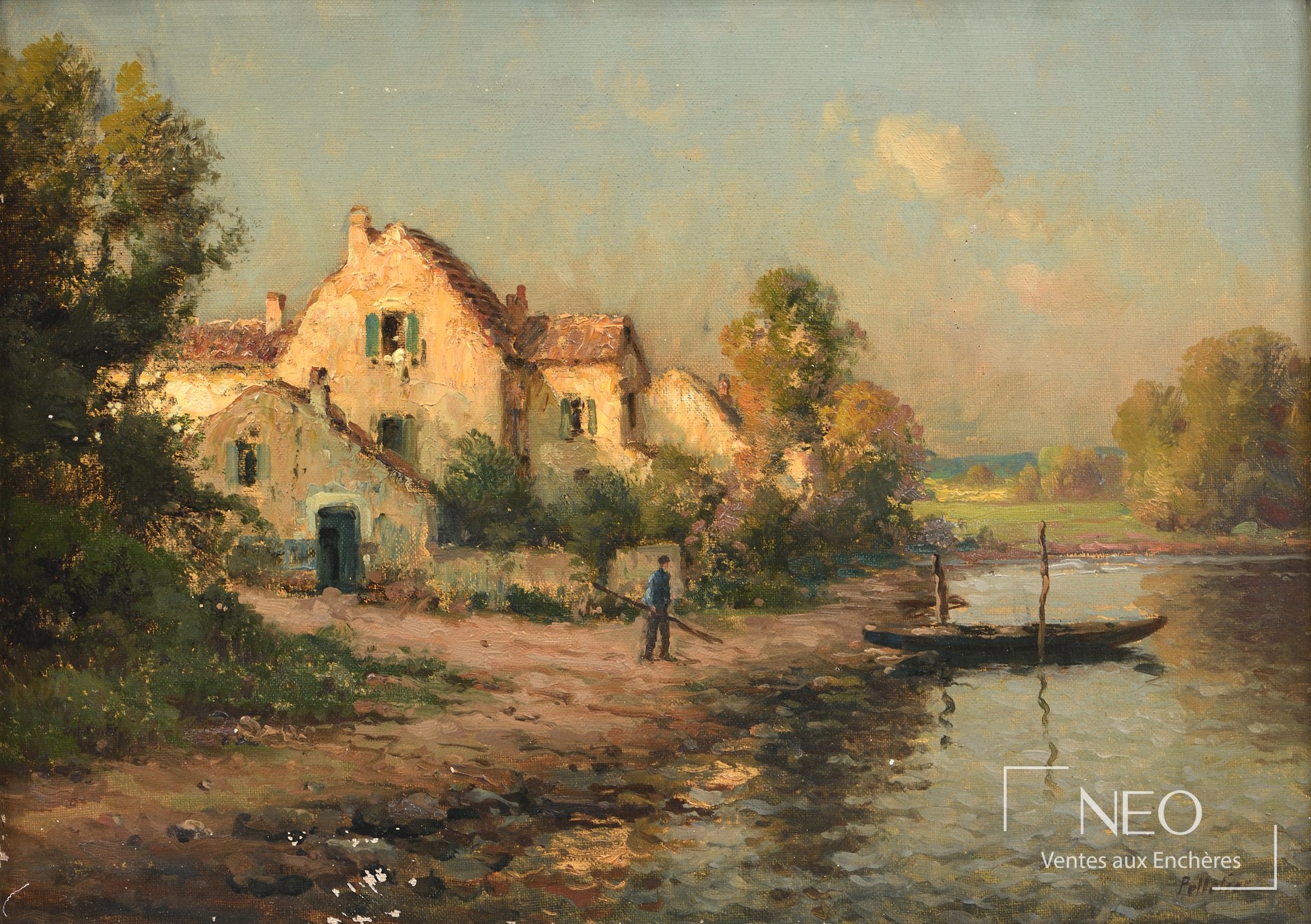 Paysage à l’étang avec maisons