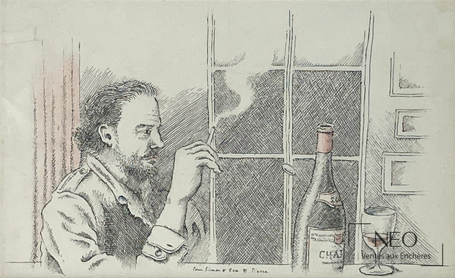 Portrait de profil à la plume et au crayon rouge