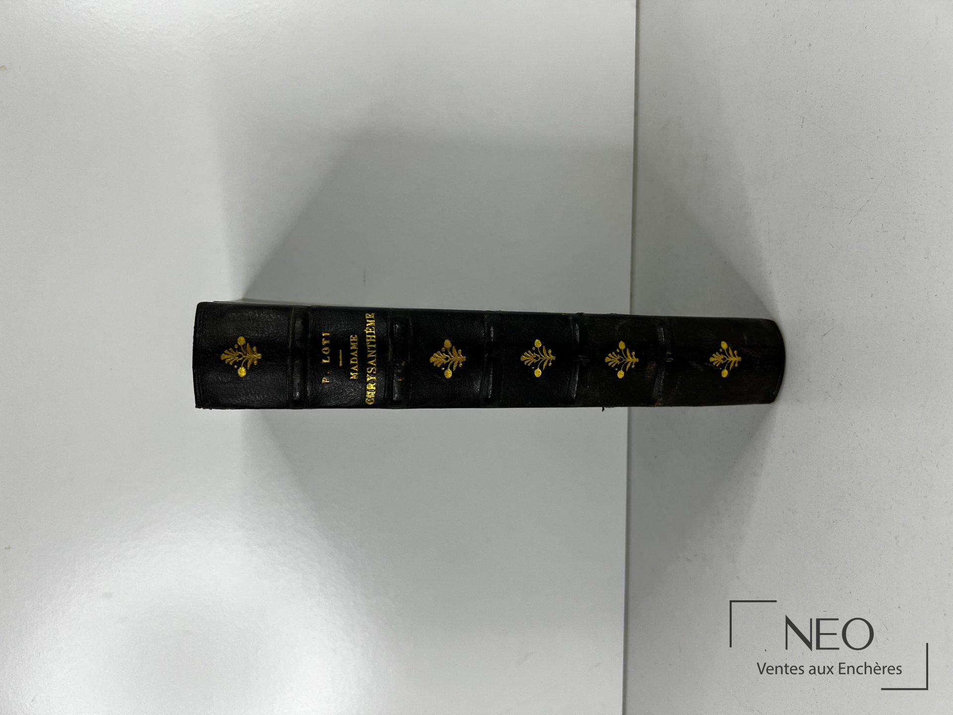 Dos d'un livre relié en demi basane noire avec titres et fleurons dorés