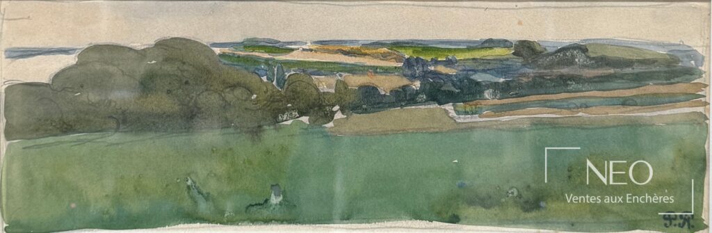 Paysage de Pierre Roy en aquarelle ou gouache et crayon sur papier