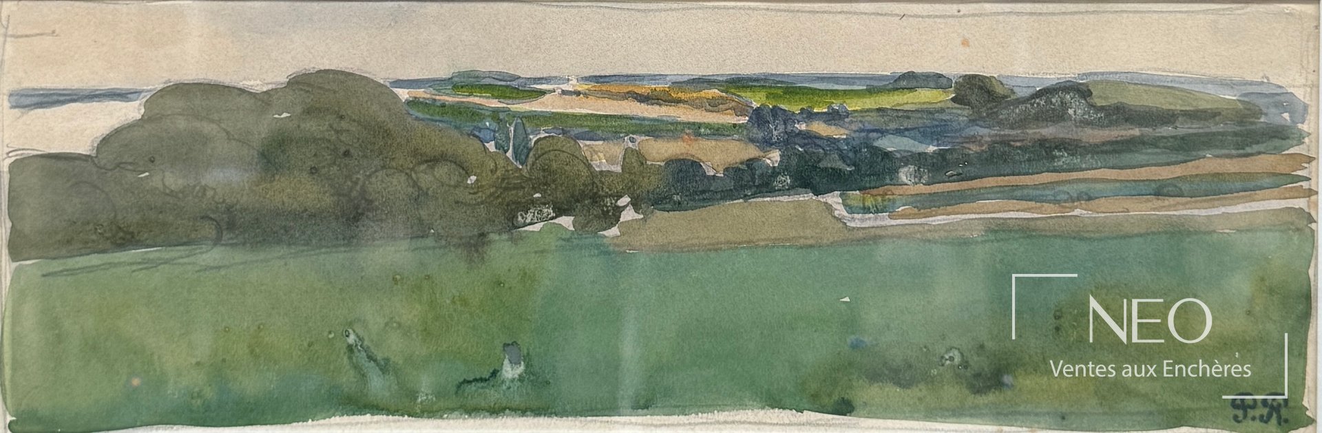Paysage de Pierre Roy en aquarelle ou gouache et crayon sur papier