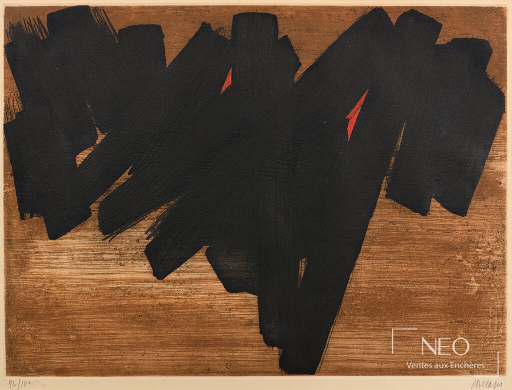 Eau-forte abstraite de Pierre Soulages avec larges aplats noirs sur fond brun