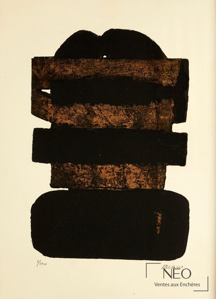 Composition abstraite de Pierre Soulages en eau-forte polychrome sur papier