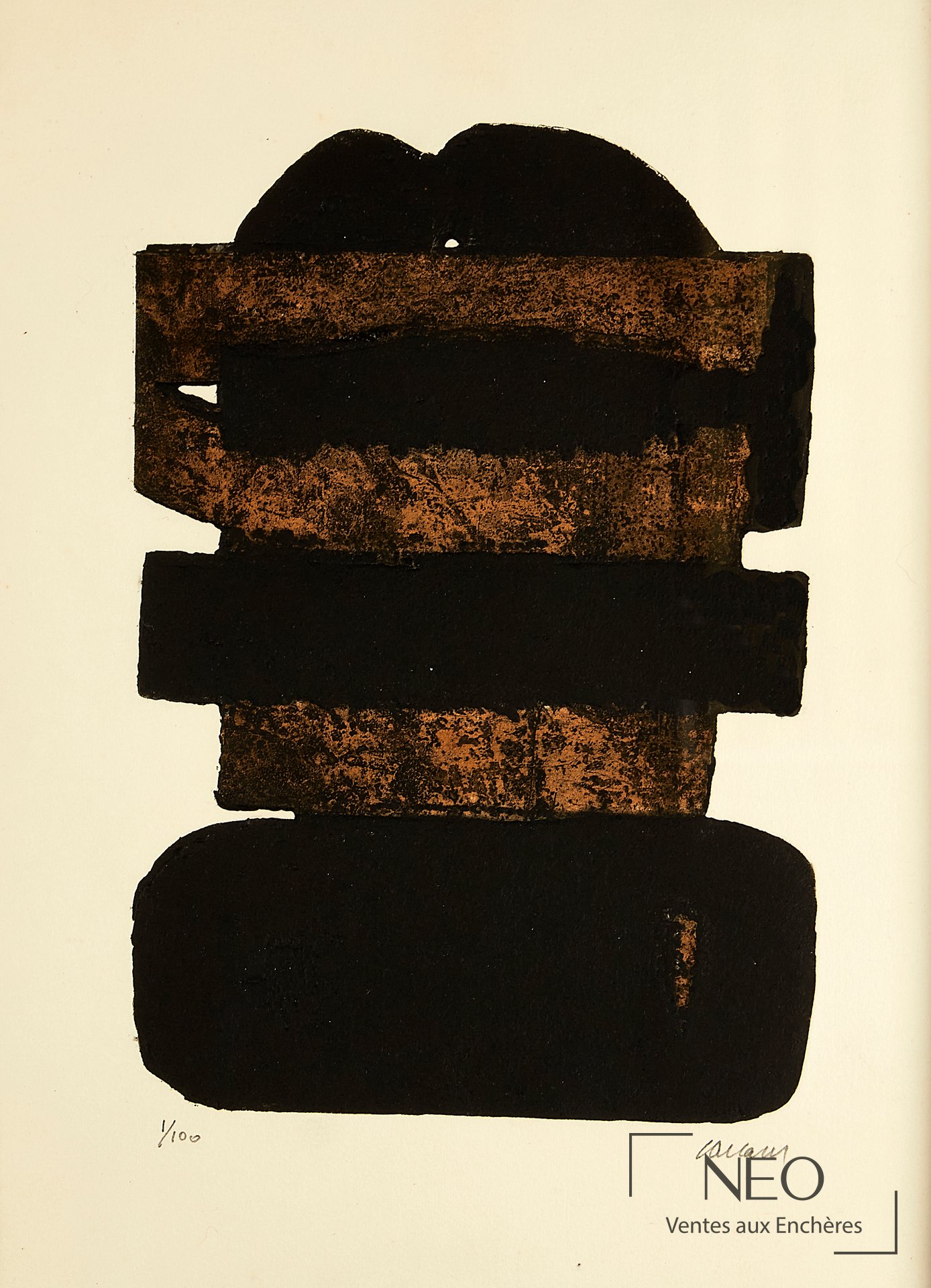 Composition abstraite de Pierre Soulages en eau-forte polychrome sur papier