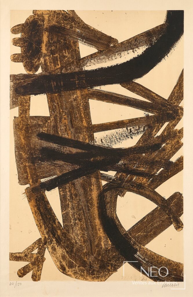 Lithographie abstraite de Pierre Soulages en couleurs sur papier beige
