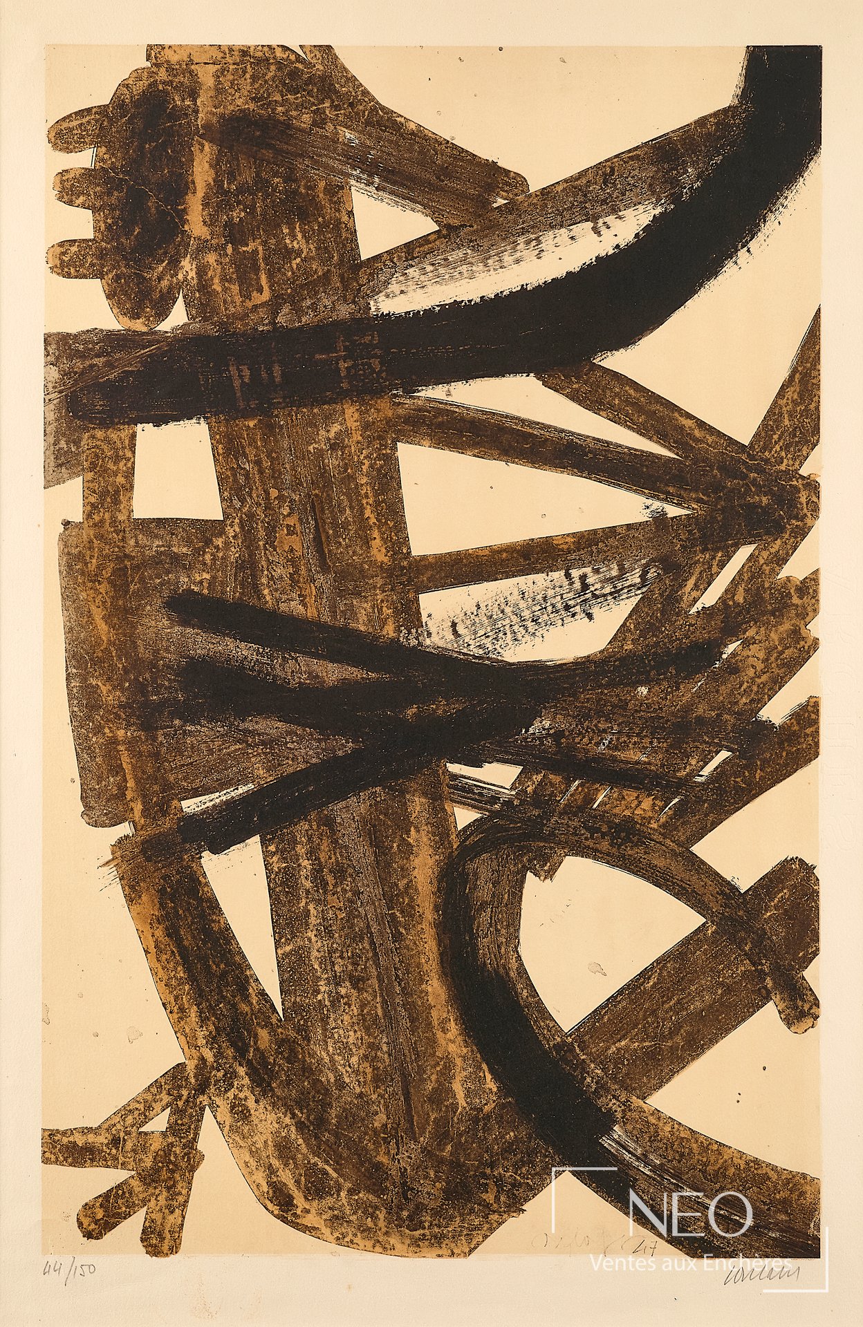 Lithographie abstraite de Pierre Soulages en couleurs sur papier beige