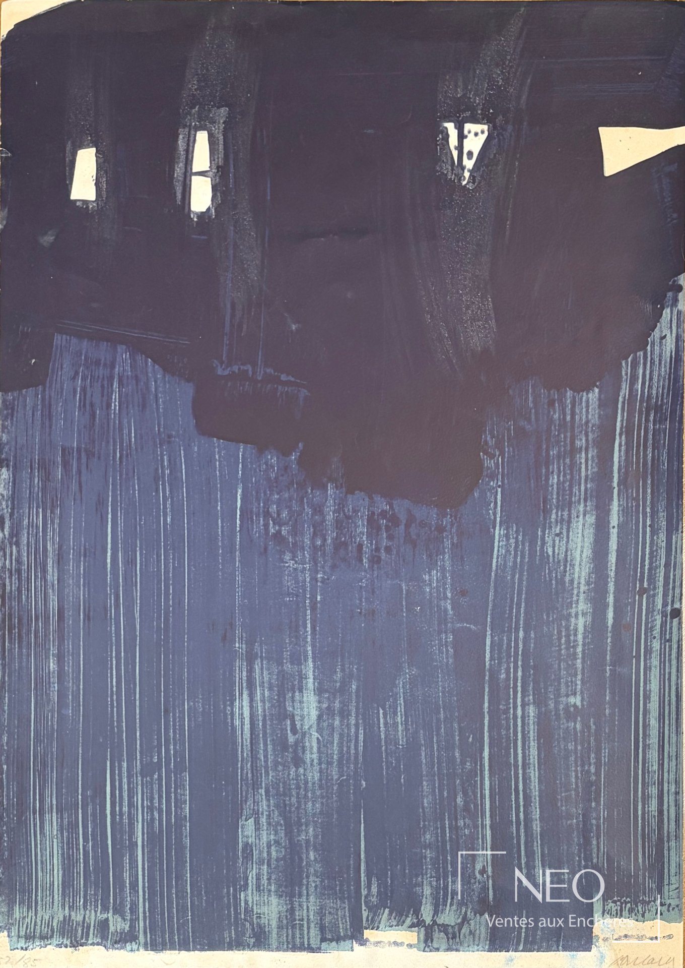 Lithographie de Pierre Soulages en dominantes bleues et noires