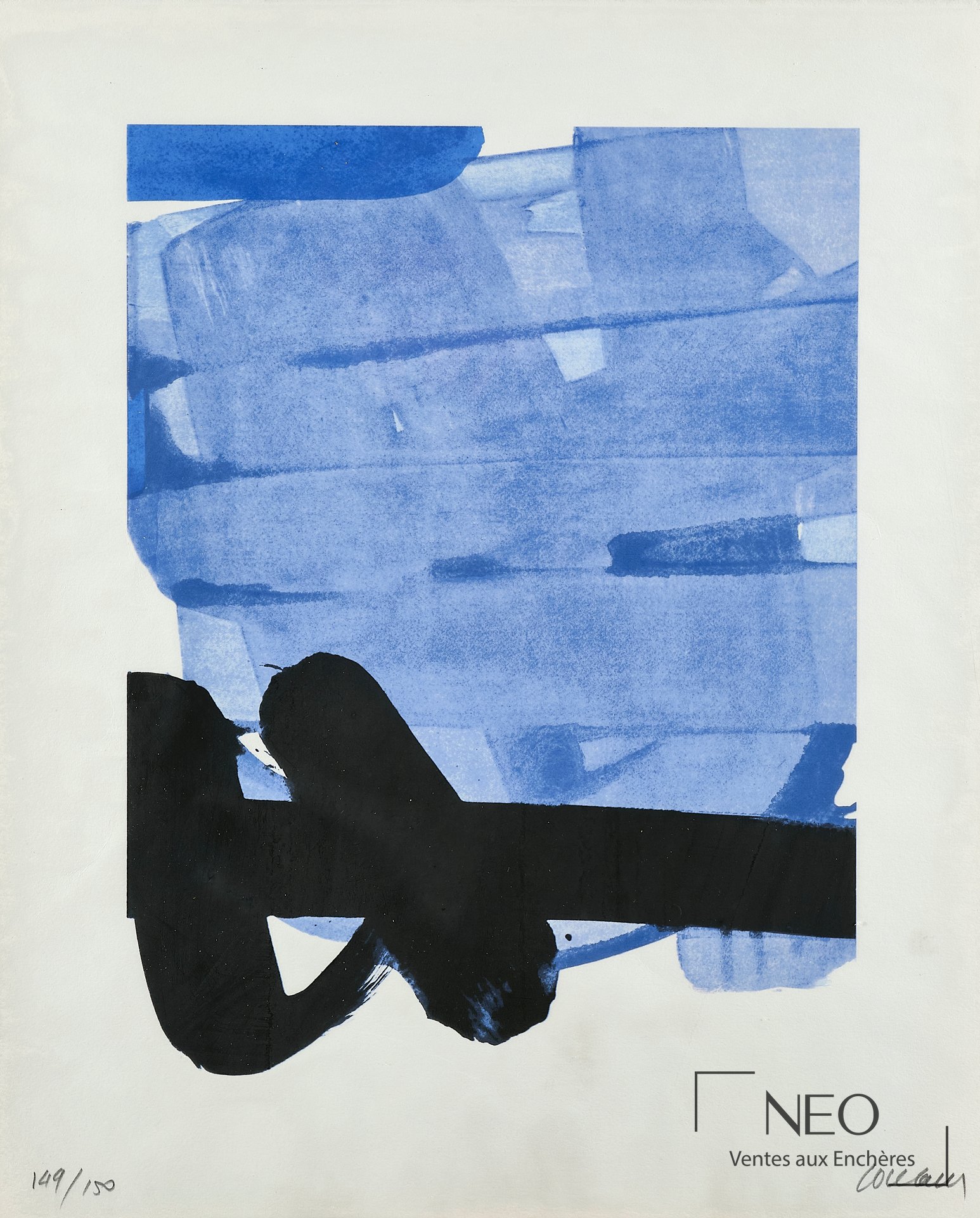 Sérigraphie abstraite bleue et noire de Pierre Soulages sur papier blanc