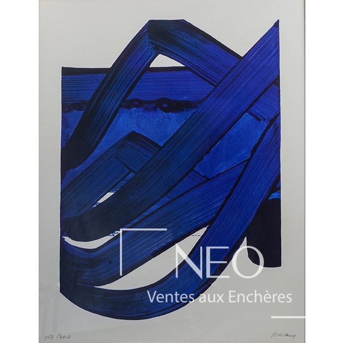 Sérigraphie abstraite bleue de Pierre Soulages sur papier