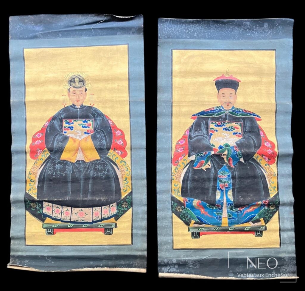 Deux portraits d'ancêtres chinois sur tissu