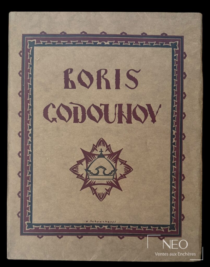 Couverture illustrée de Boris Godounov avec titre typographique et cadre décoratif