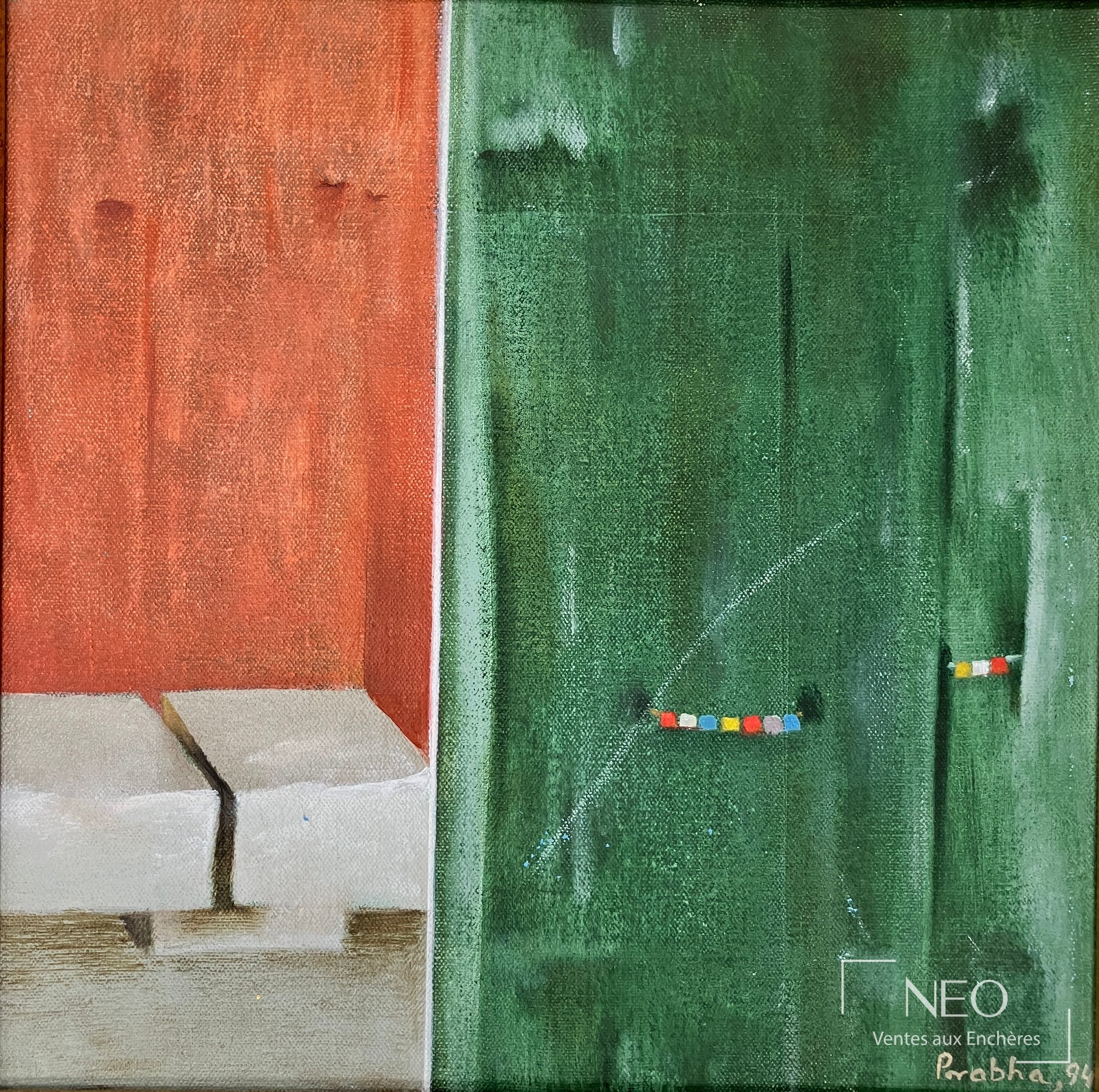 Prabha Shah, composition abstraite, huile sur toile, 1994