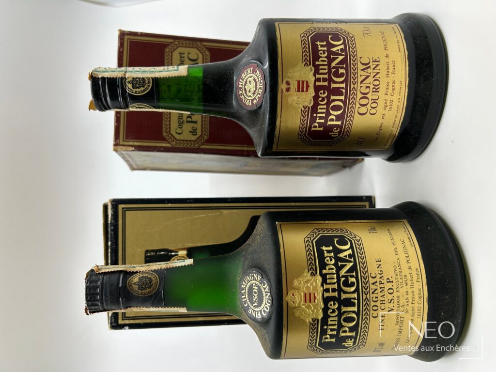 Deux bouteilles de cognac Prince Hubert de Polignac avec leurs boîtes