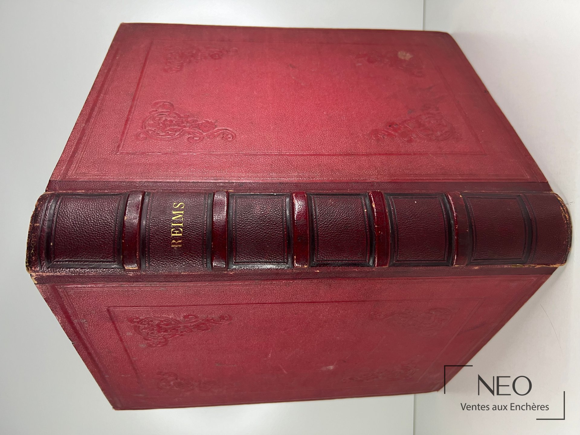 Reliure rouge de l'ouvrage avec dos à nerfs et titre doré.