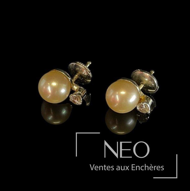 Paire de puces d’oreilles en or gris 18 carats, perles de culture et diamants