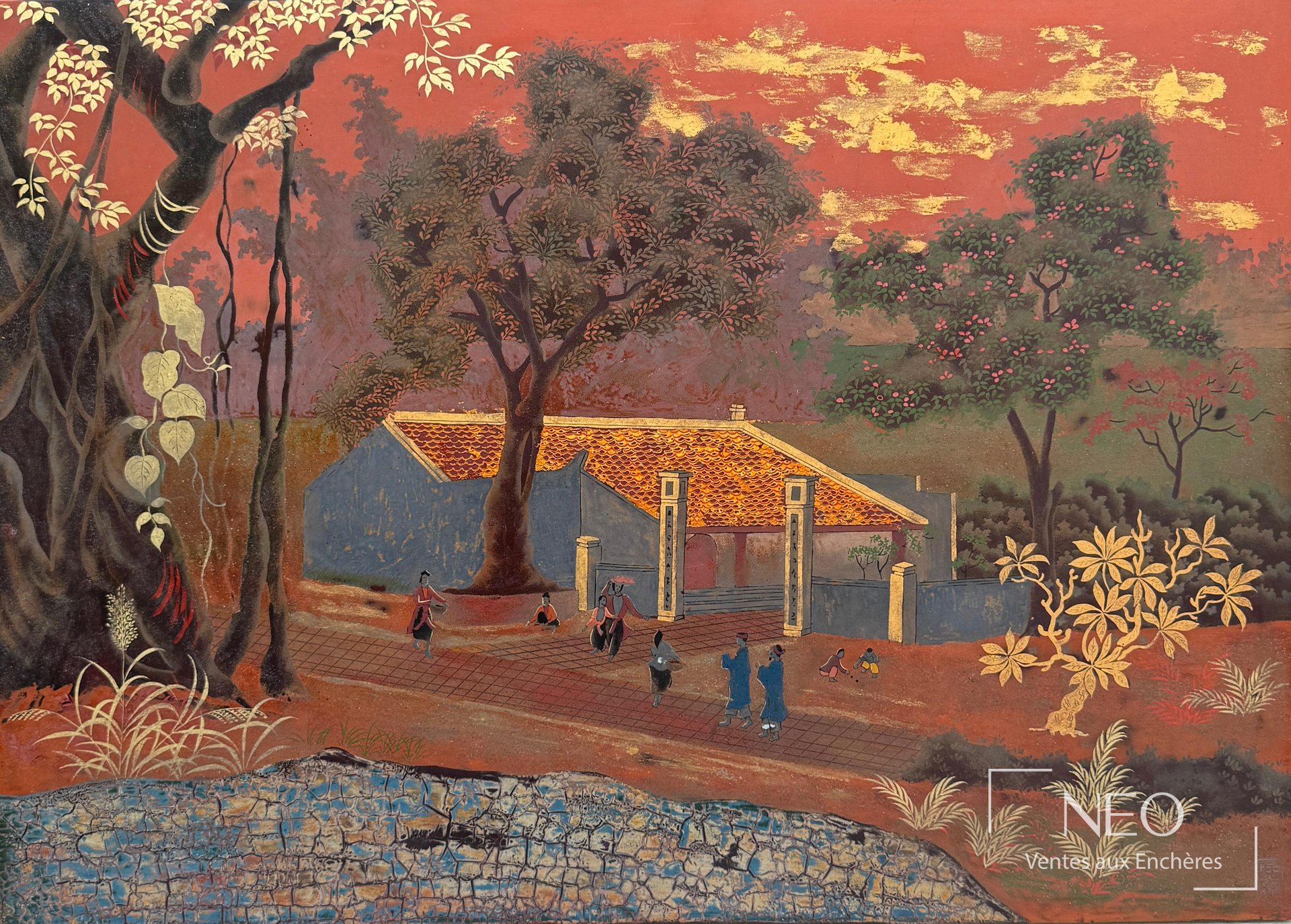 Quang Bâo Nguyen, La route villageoise, laque polychrome et or sur panneau