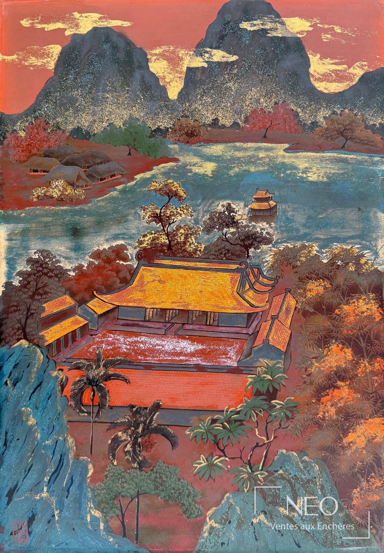 Quang Bâo Nguyen, Vue d’un temple, laque polychrome et or sur panneau