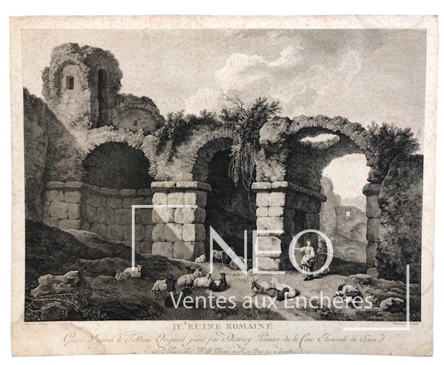 Gravure en noir et blanc représentant une ruine romaine avec arches et personnages