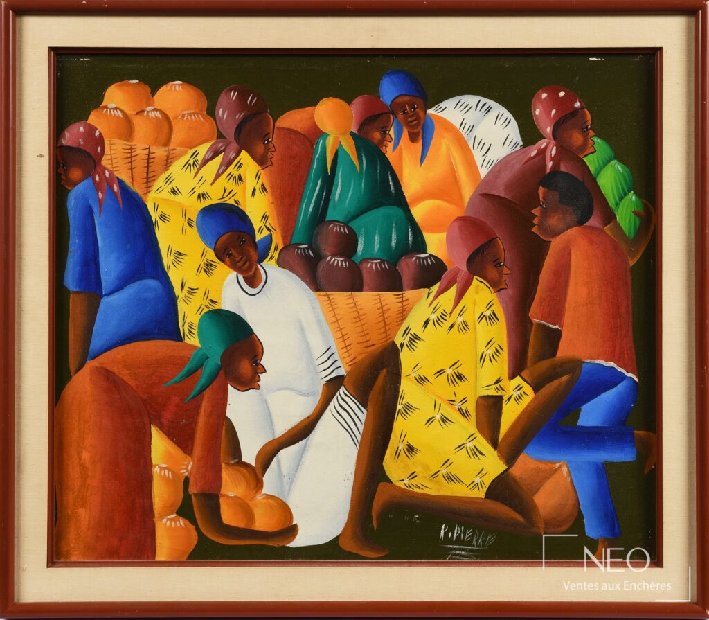 Scène de marché peinte à l'huile