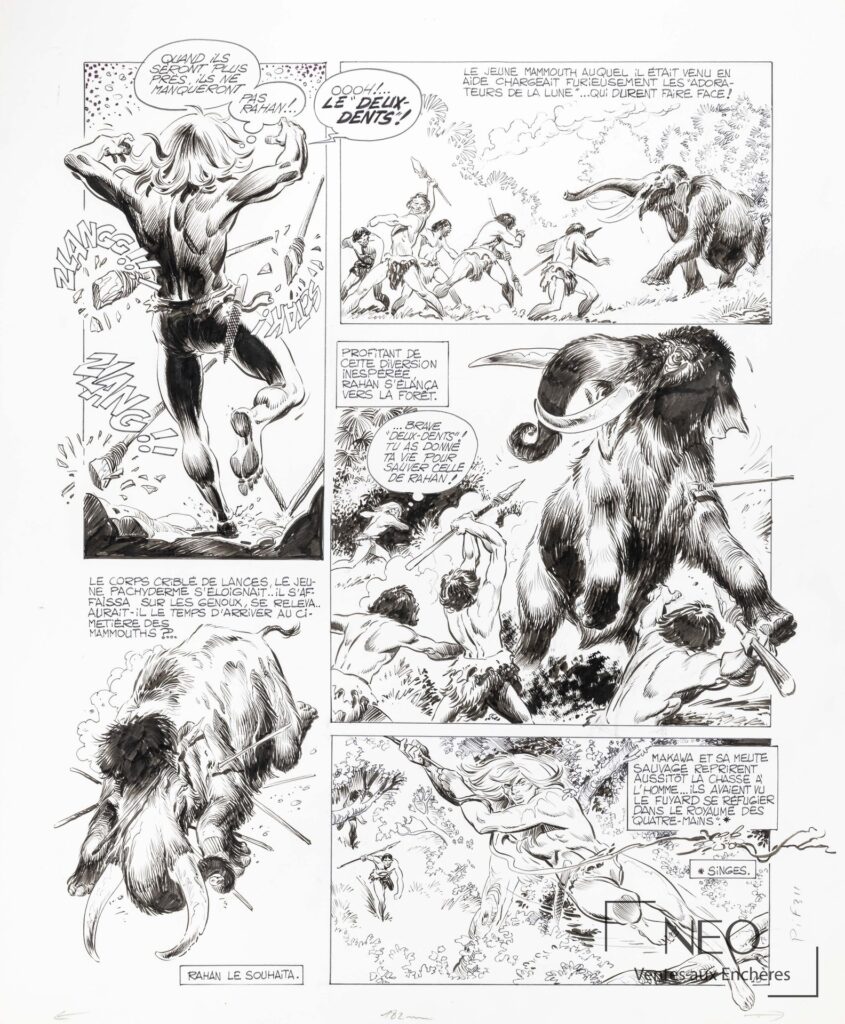 Planche originale de bande dessinée Rahan en noir et blanc avec plusieurs cases et dialogues.