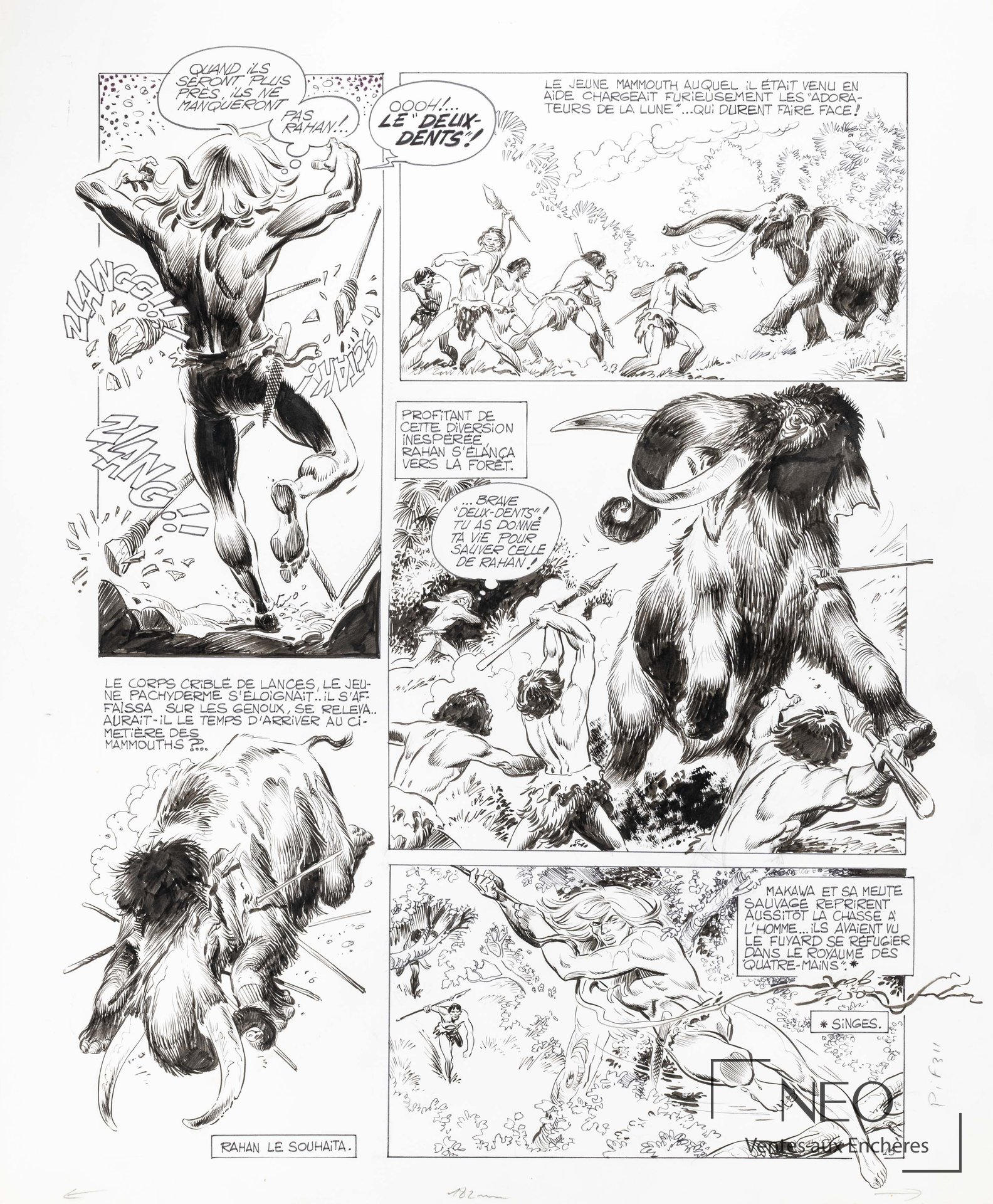 Planche originale de bande dessinée Rahan en noir et blanc avec plusieurs cases et dialogues.